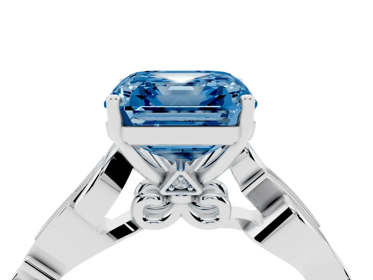 Fancy Blue Asscher Cut Solitaire Vine Band with Milgrain Prong Setting Silver