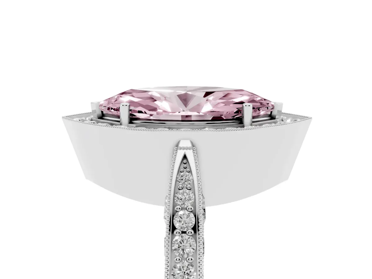 Fancy Pink Marquise Cut Halo Diamond Engagement Ring with Split Shank Band and Four-Prong Setting Silver