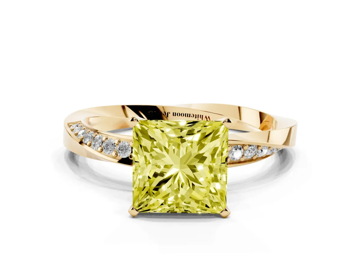 Fancy Yellow Princess Cut Diamond Engagement Ring with Side Stone Accents and Four-Prong Setting Yellow gold