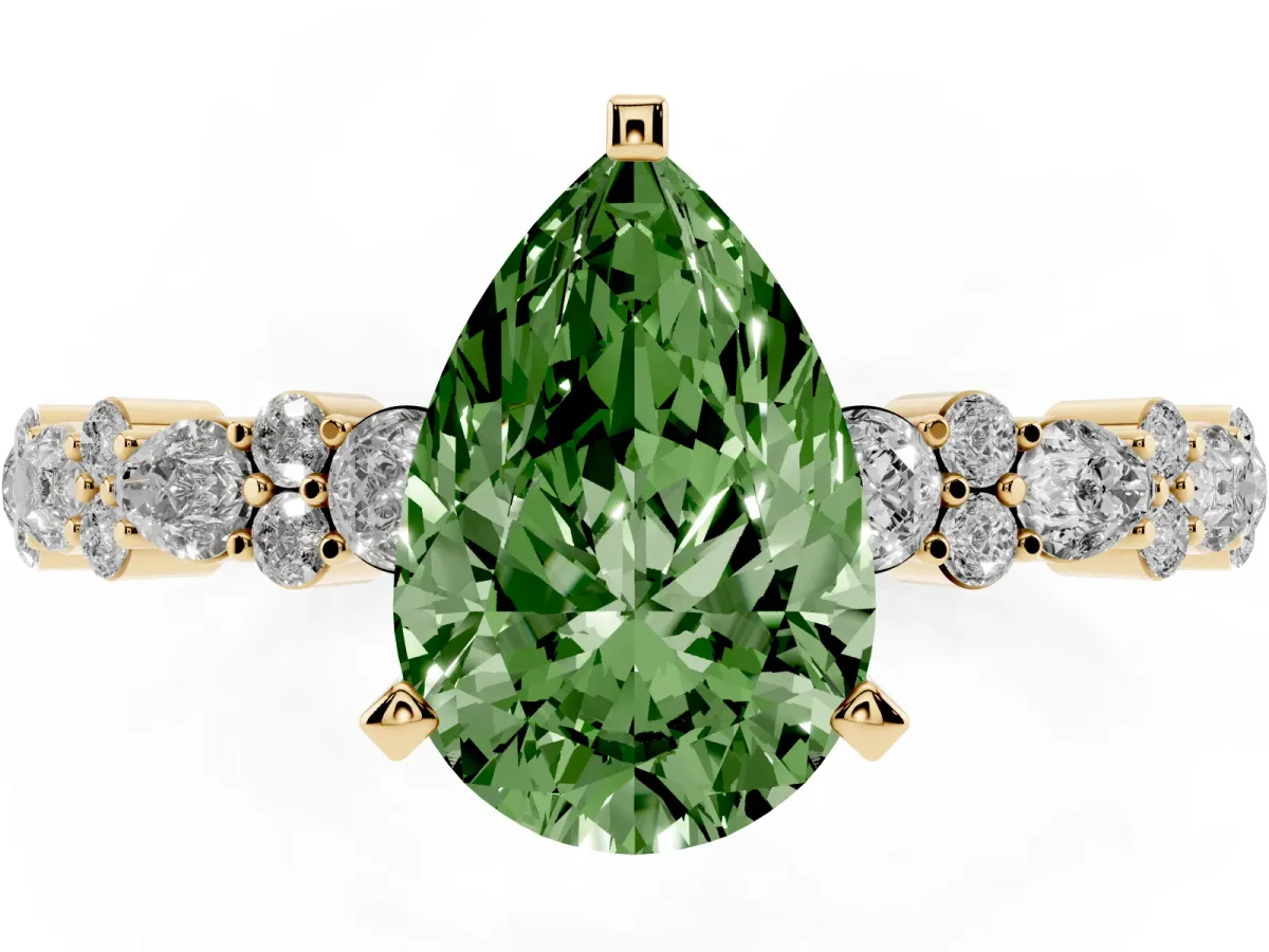 Fancy Green Pear Cut Diamond Side Stone Solitaire Ring with Round and Four-Prong Setting Yellow gold