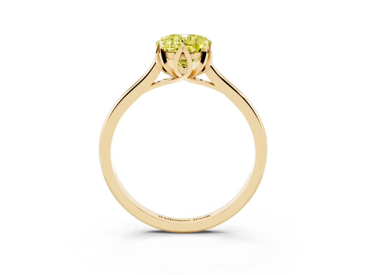Fancy Yellow Oval Cut Diamond Solitaire Ring with Flower Prong Setting and Classic Band Yellow gold