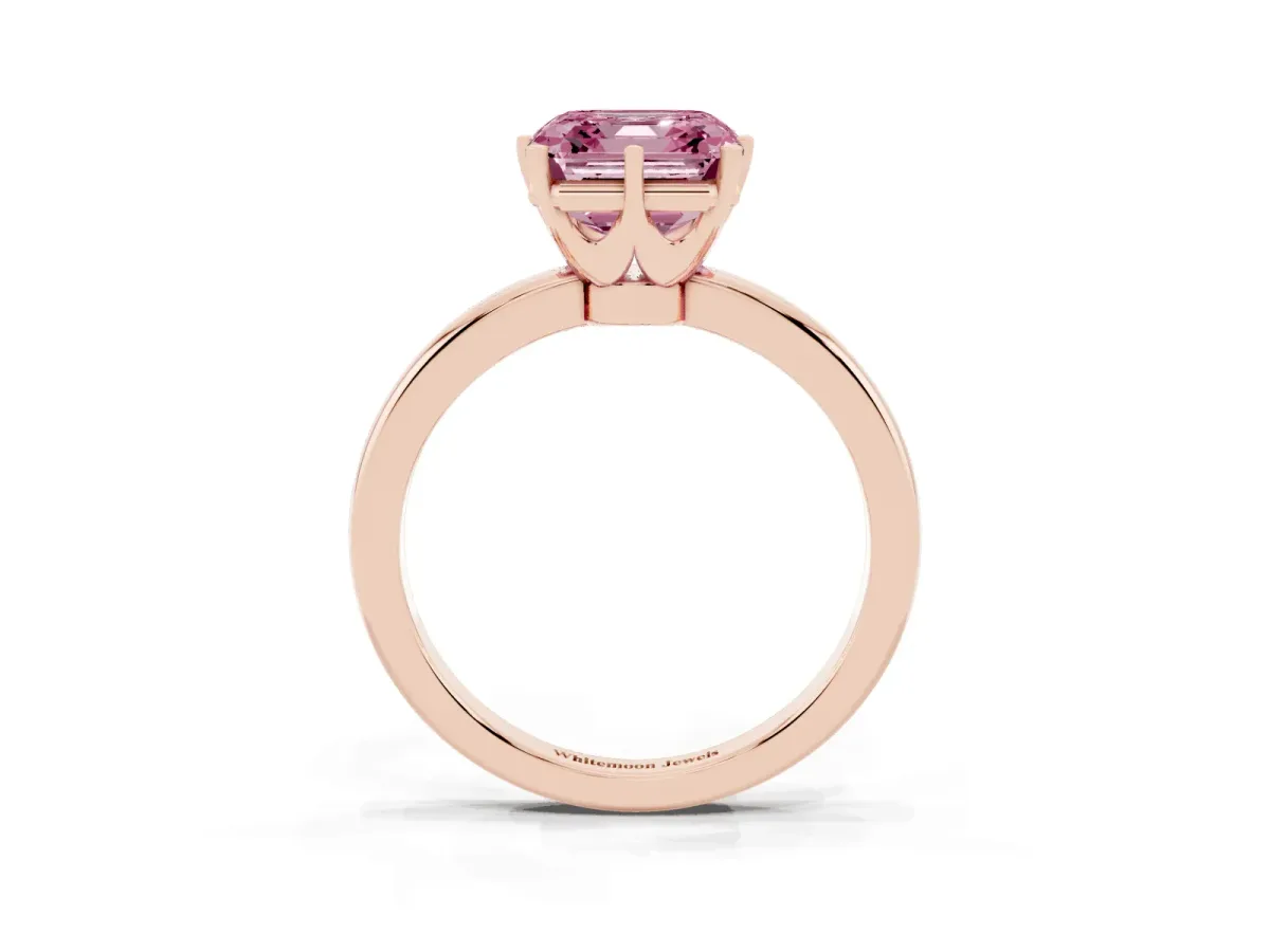 Fancy Pink Asscher Cut Solitaire Diamond Ring with Six-Prong Setting on a Classic Band Rose gold