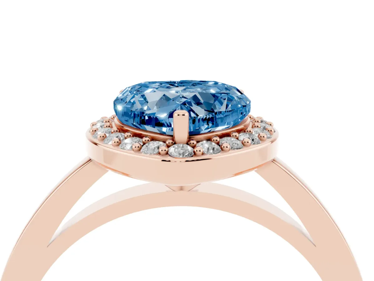 Fancy Blue Heart Cut Halo Diamond Ring with Solitaire Band and Prong Setting Rose gold