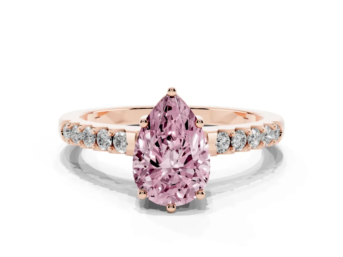 Fancy Pink Pear Cut Solitaire Diamond Engagement Ring with Pavé Band and Six-Prong Setting Rose gold