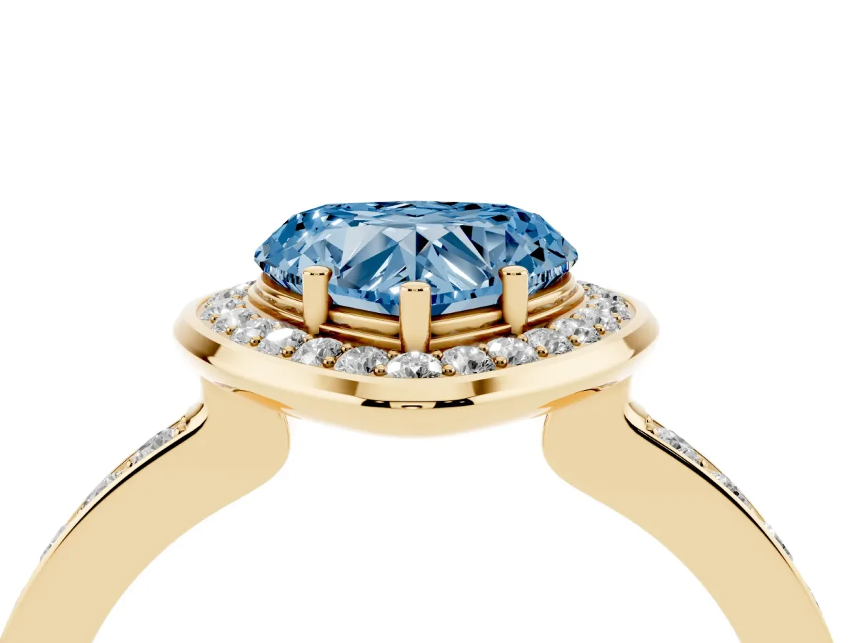 Fancy Blue Heart Cut Diamond Halo Ring with Bezel Frame and Pavé Band Yellow gold