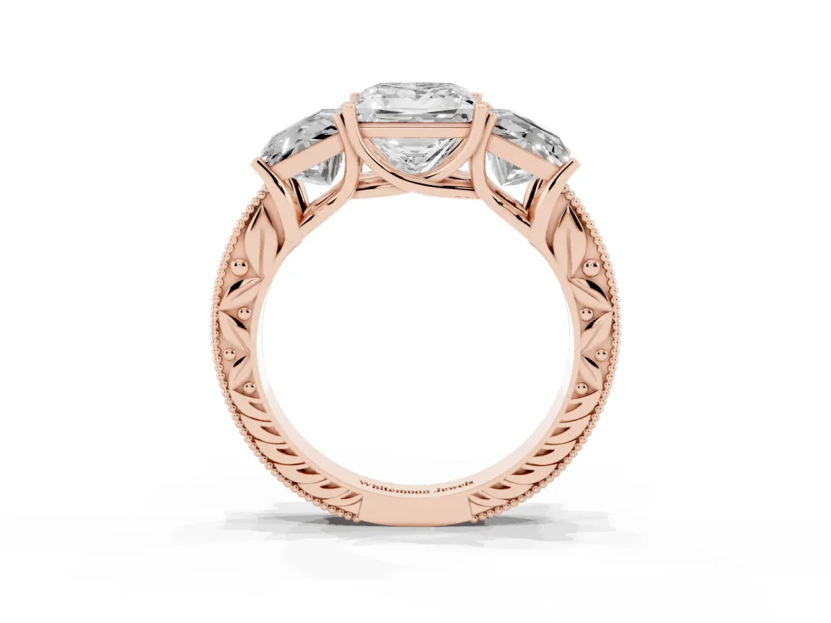 Three-Stone Princess Cut Cut Milgrain Pavé Engagement Ring Rose gold