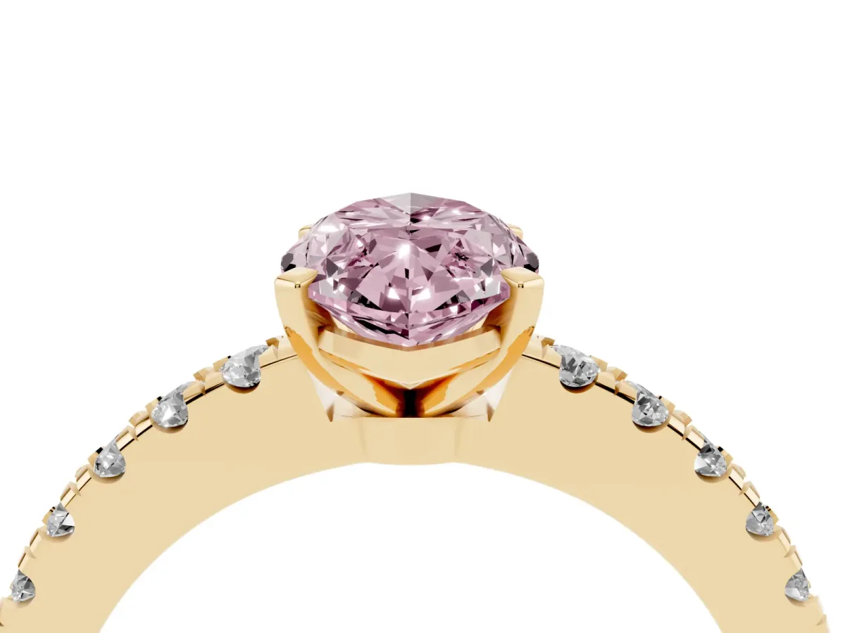 Fancy Pink Marquise Cut Solitaire Diamond with Pavé Band and Four-Prong Setting Yellow gold