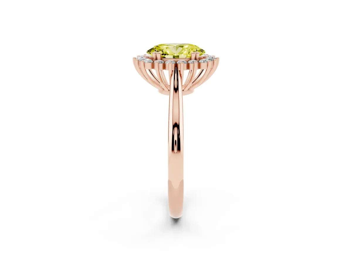 Fancy Yellow Oval Cut Cut Diamond Halo Ring with Solitaire Band and Prong Setting Rose gold