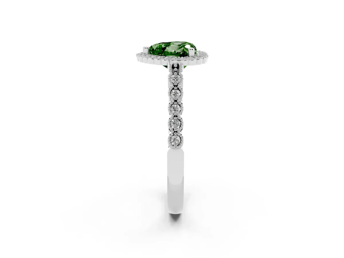 Fancy Green Heart Cut Cut Halo Pavé Solitaire Ring with Milgrain Band White gold