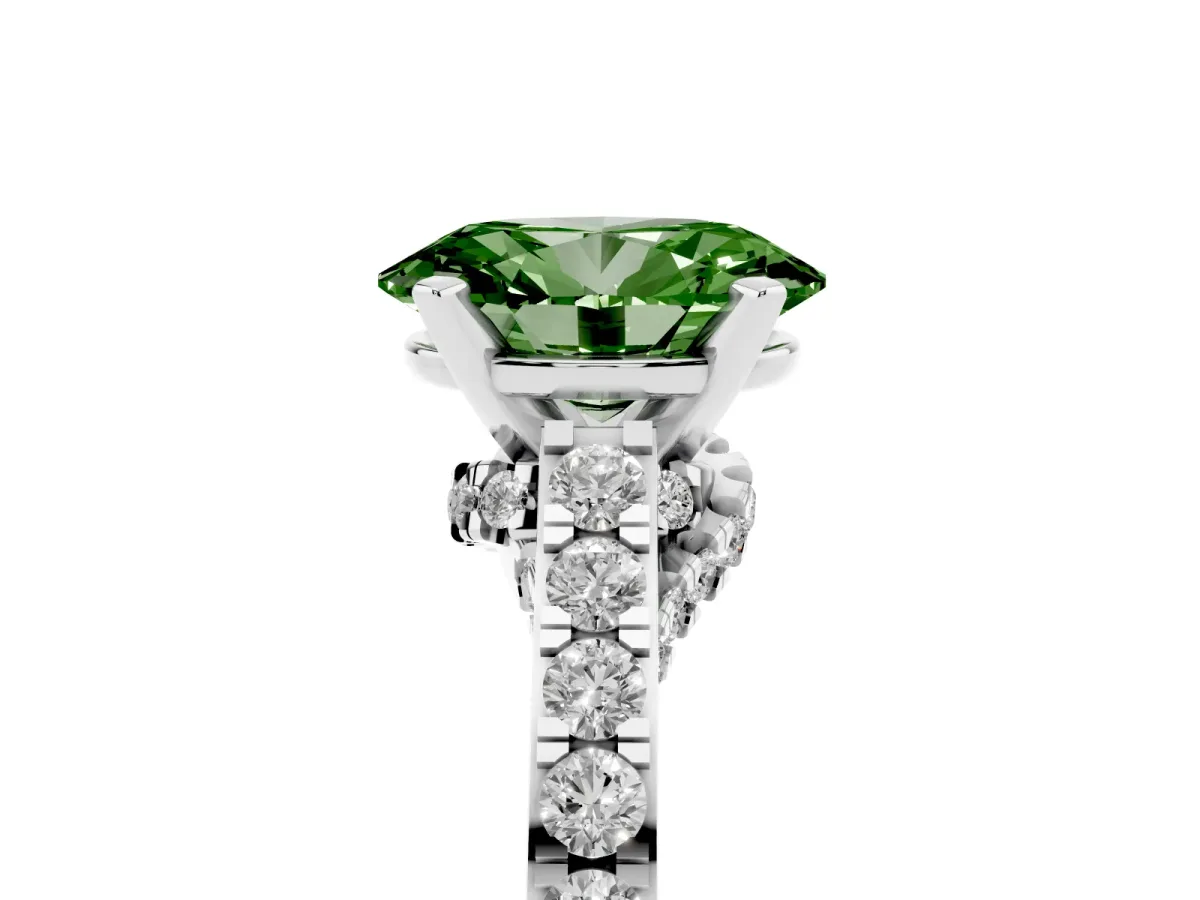 Fancy Green Oval Cut Diamond Solitaire Ring with Crossover Gallery and Round Pavé Band White gold