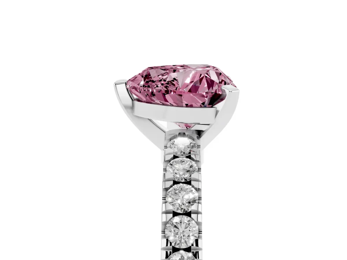 Fancy Pink Heart Cut Solitaire Diamond with Pavé Band and Four-Prong Setting White gold