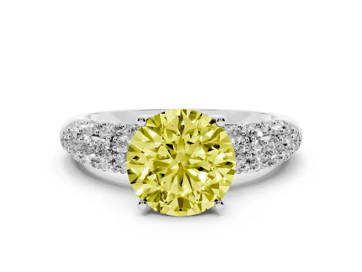 Fancy Yellow Round Cut Diamond Pavé Band Solitaire Ring with Four-Prong Setting Platinum