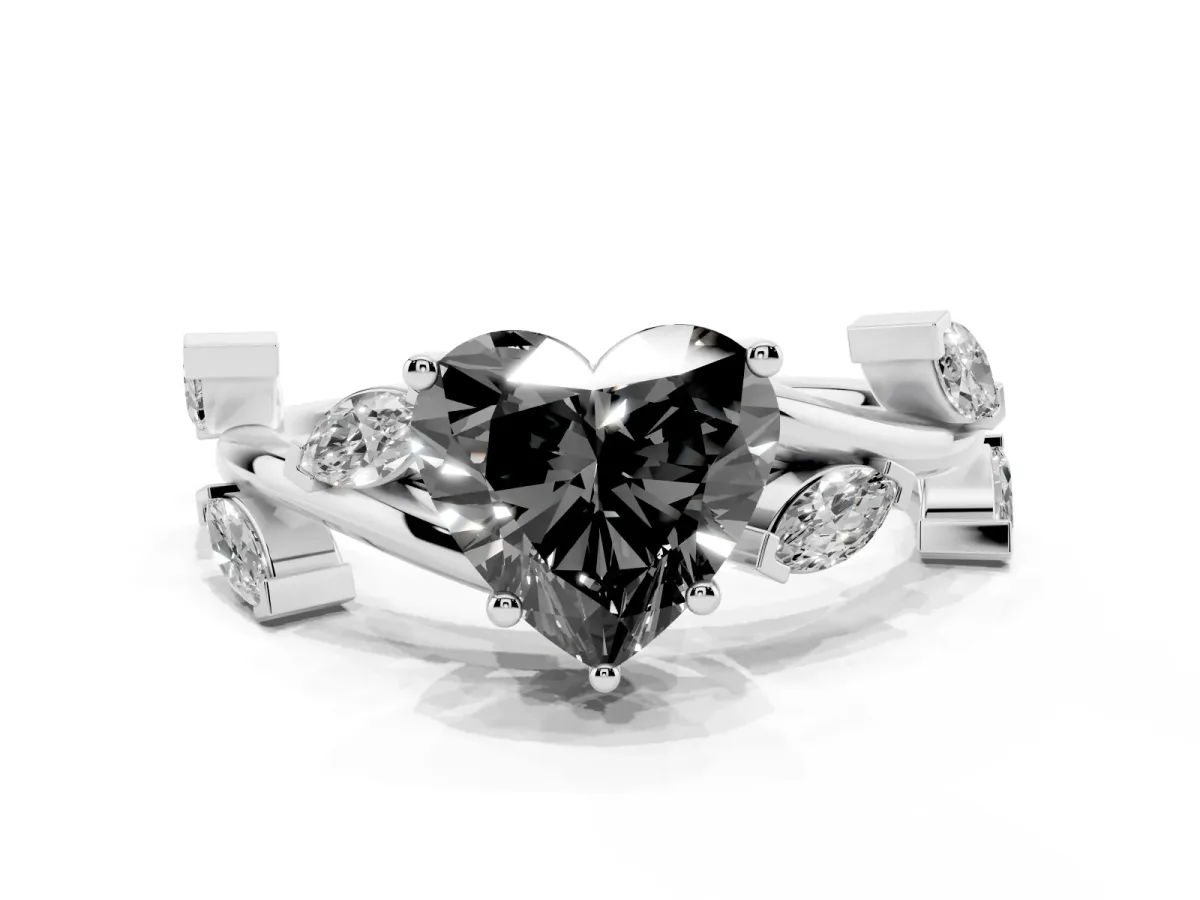Fancy Black Heart Cut Solitaire Twisted Band Marquise Accent Prong Setting Ring Platinum