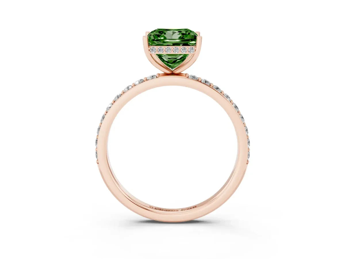 Fancy Green Princess Cut Diamond Solitaire Ring with Pavé Band and Hidden Halo Rose gold