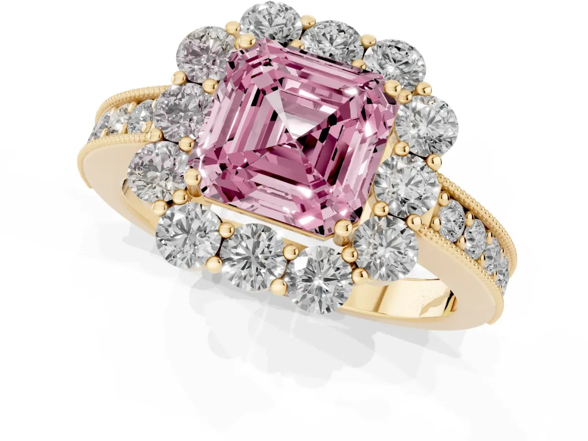 Fancy Pink Asscher Cut Cut Halo Diamond Pavé Engagement Ring with Milgrain Detailing Yellow gold