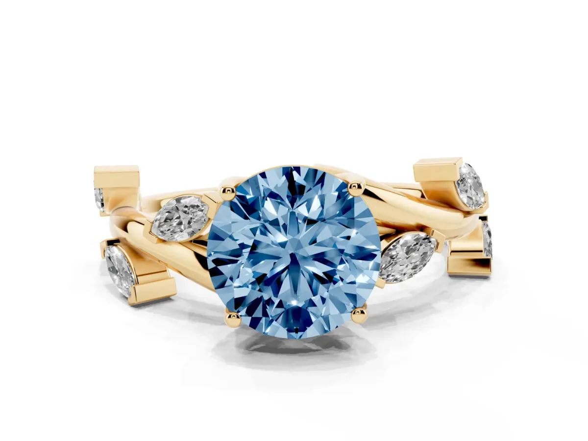Fancy Blue Round Cut Solitaire Twisted Band Marquise Accent Prong Setting Ring Yellow gold