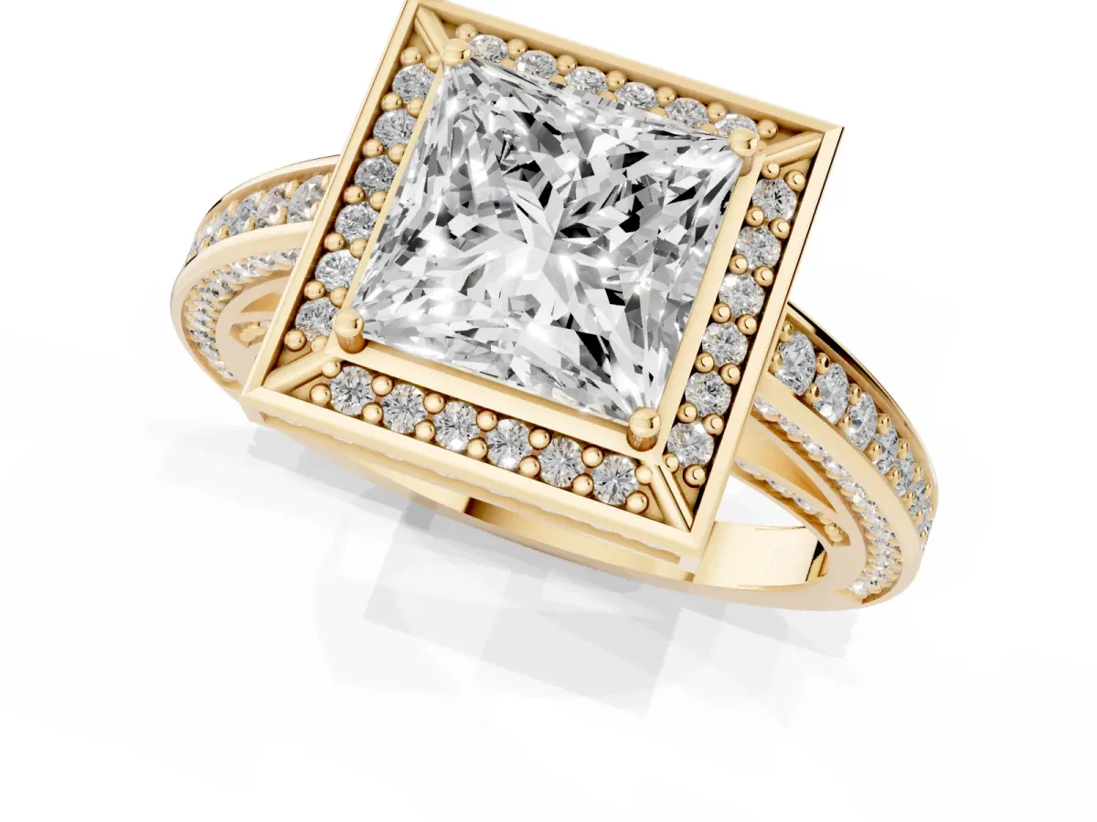 Princess Cut Cut Halo Pave Split Shank Prong Setting Ring Yellow gold