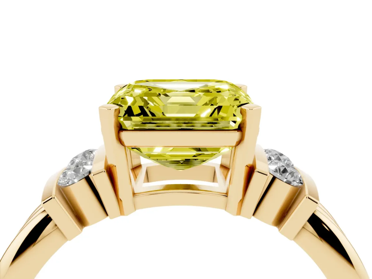 Fancy Yellow Asscher Cut Cut Three-Stone Channel Set Ring with Bar Prongs Yellow gold