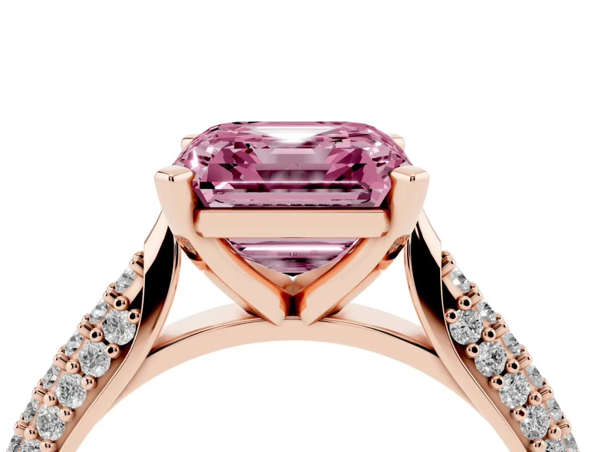 Fancy Pink Asscher Cut Diamond Solitaire Engagement Ring with Multi-Row Round Pavé Band and Prong Setting Rose gold