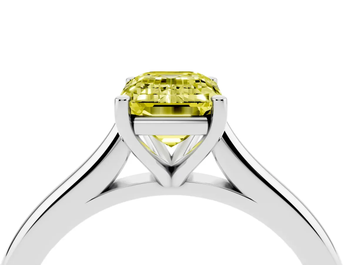Fancy Yellow Emerald Cut Cut Solitaire Ring with Cathedral Band and Four-Prong Setting Silver