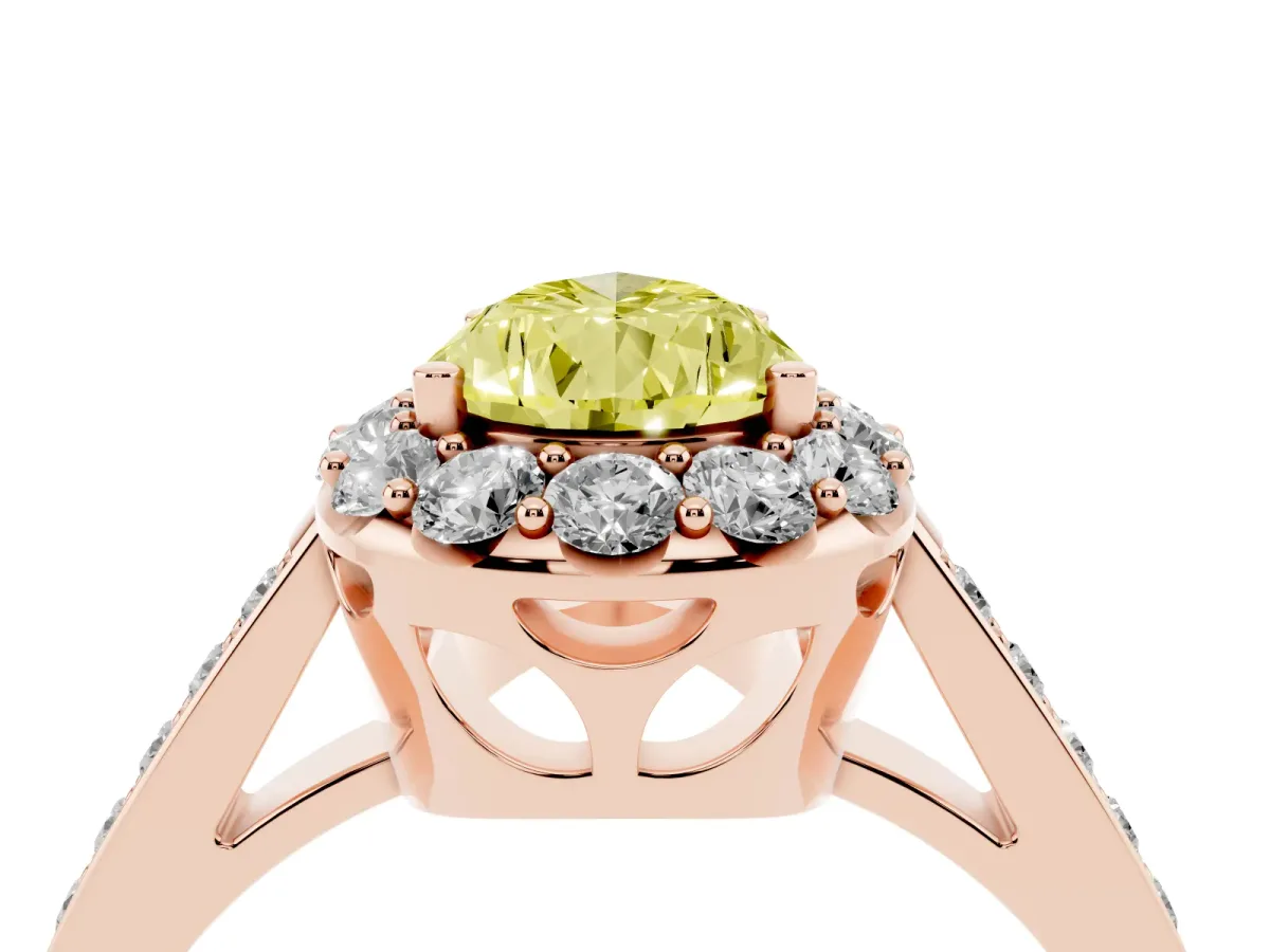 Fancy Yellow Pear Cut Diamond Floral Halo Ring with Pavé Band and Prong Setting Rose gold