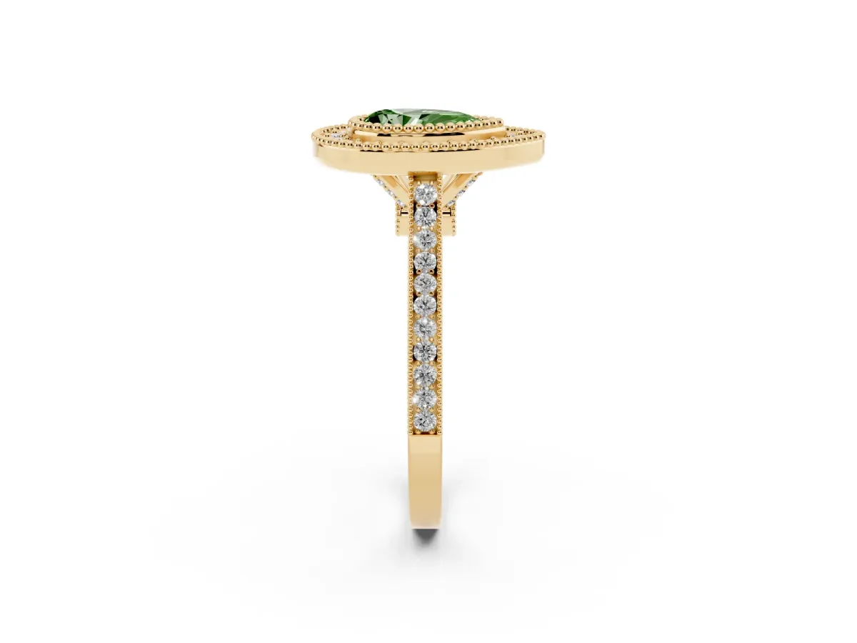 Fancy Green Pear Cut Diamond Halo Ring with Milgrain Frame and Pavé Band Yellow gold