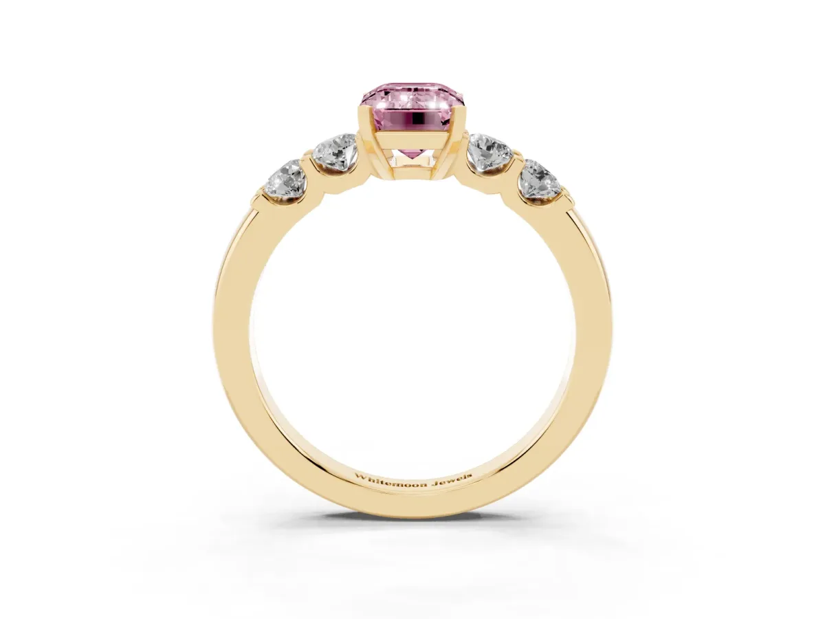 Fancy Pink Emerald Cut Brilliant Cut Diamond Five-Stone Prong Set Engagement Ring with Channel Band Yellow gold