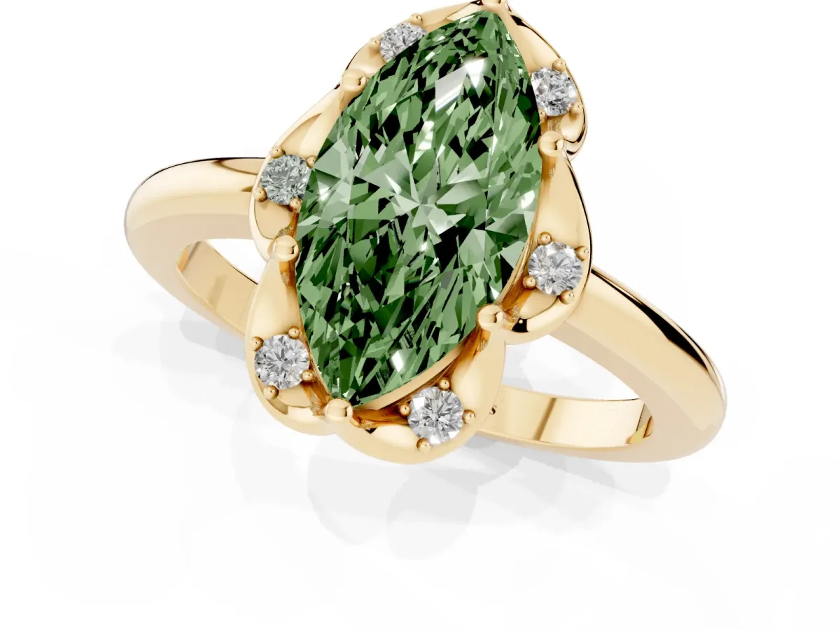Fancy Green Marquise Cut Halo Diamond Ring with Round Cluster Setting, Solitaire Band, and Four-Prong Setting Yellow gold