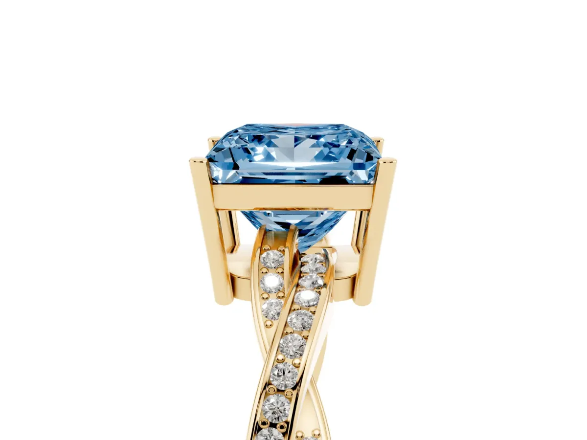 Fancy Blue Princess Cut Solitaire Twisted Pave Diamond Ring with Four-Prong Setting Yellow gold