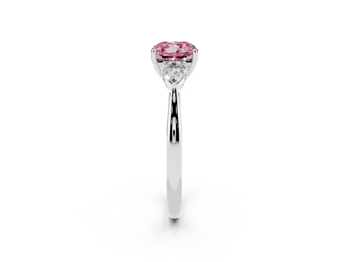 Fancy Pink Cushion Cut Diamond Three-Stone Ring with Pear Side Stones and Prong Setting Silver