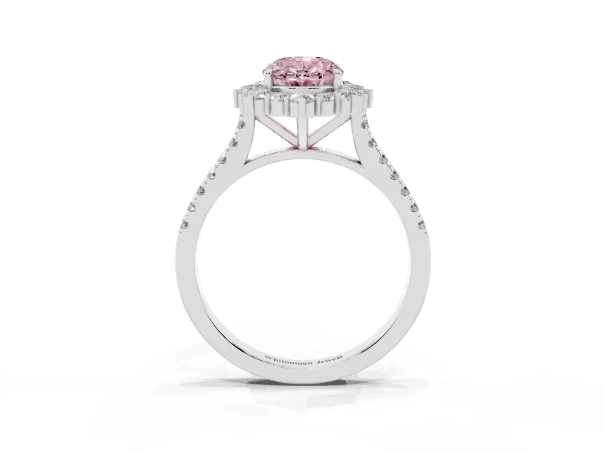 Fancy Pink Oval Cut Halo Diamond Ring with Pavé Band and Prong Setting Silver