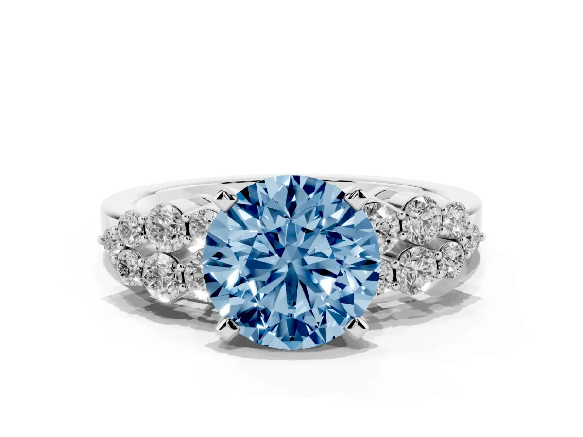Fancy Blue Round Cut Cluster Diamond Engagement Ring with Pavé Band and Four-Prong Setting Silver