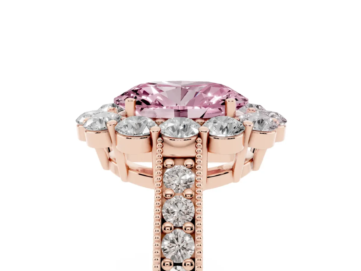 Fancy Pink Oval Cut Cut Halo Diamond Pavé Engagement Ring with Milgrain Detailing Rose gold