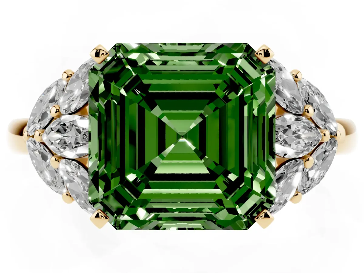 Fancy Green Asscher Cut Diamond Cluster Leaf Design Ring with Prong Setting Yellow gold