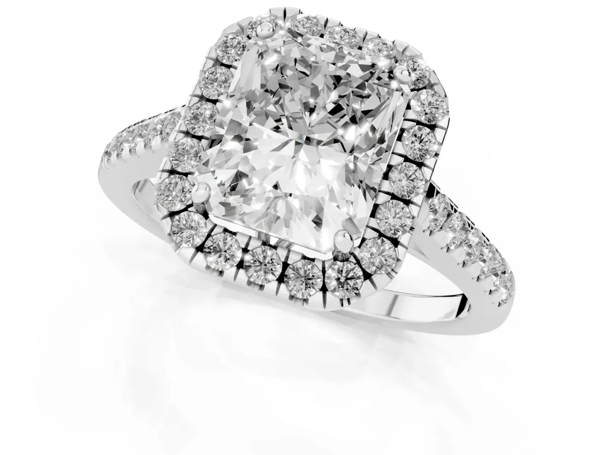 Radiant Cut Halo Pavé Diamond Engagement Ring with Four-Prong Setting Silver