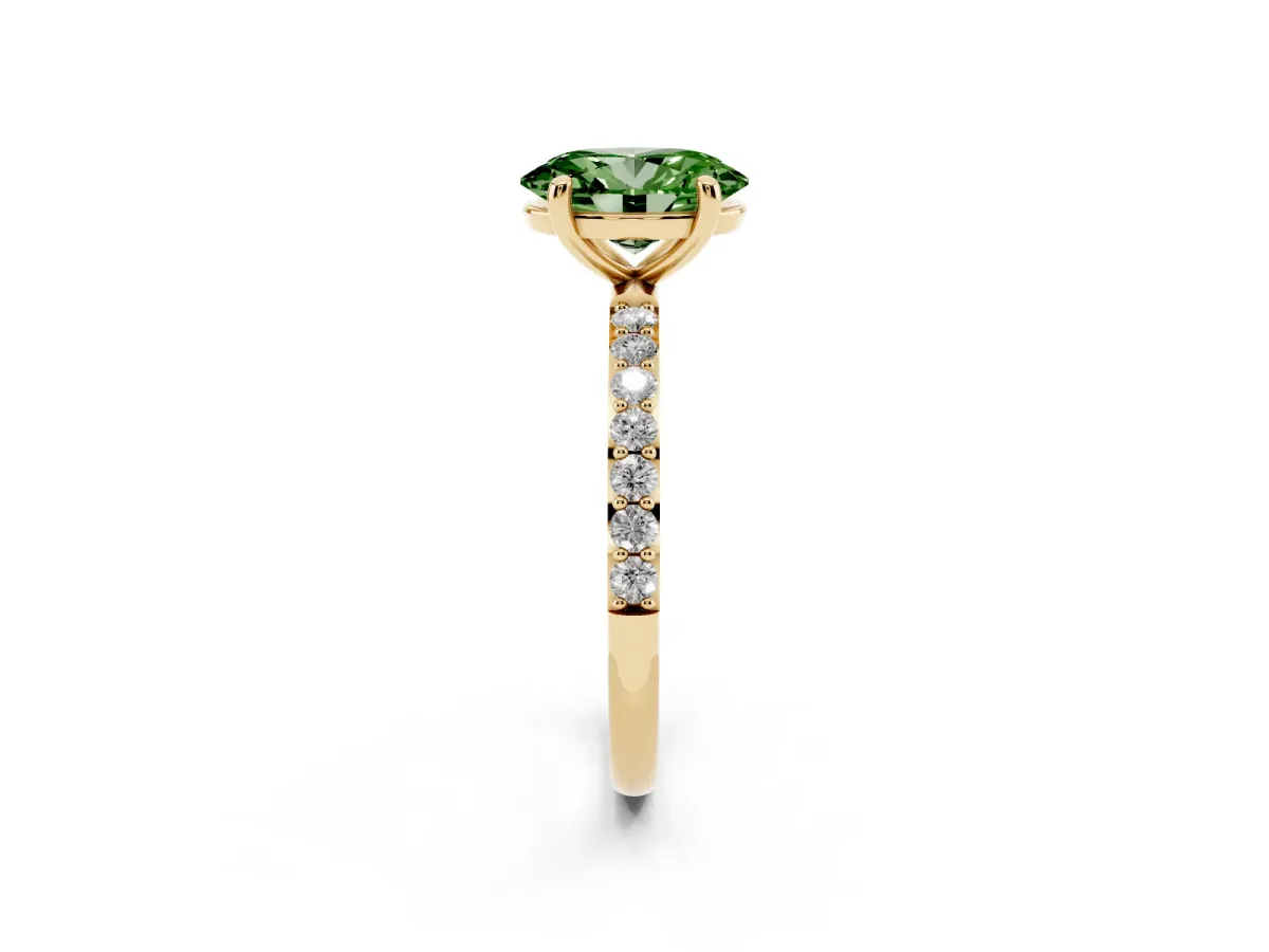 Fancy Green Oval Cut Diamond Solitaire Ring with Round Pavé Band and Prong Setting Yellow gold