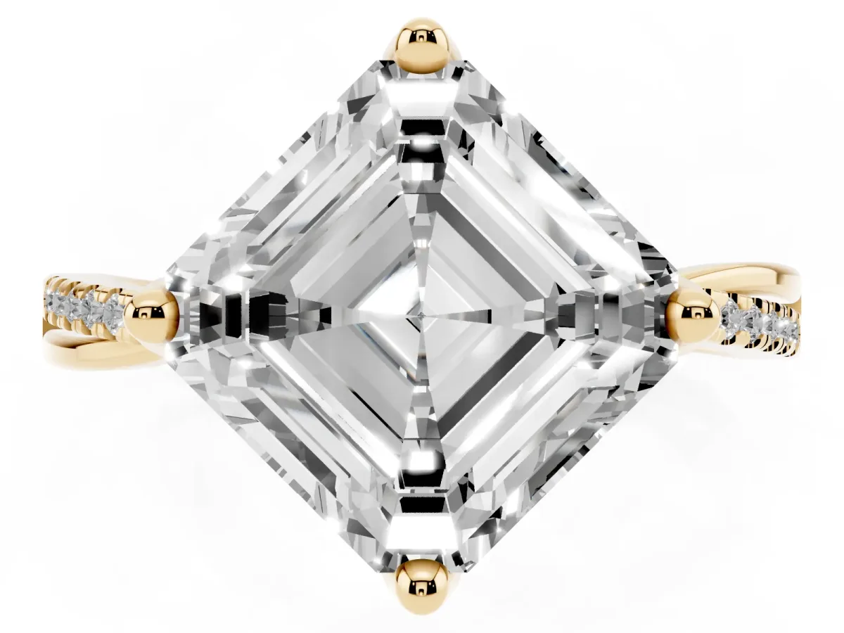 Asscher Cut Solitaire Twist Band with Pavé Diamonds and Four-Prong Setting Yellow gold