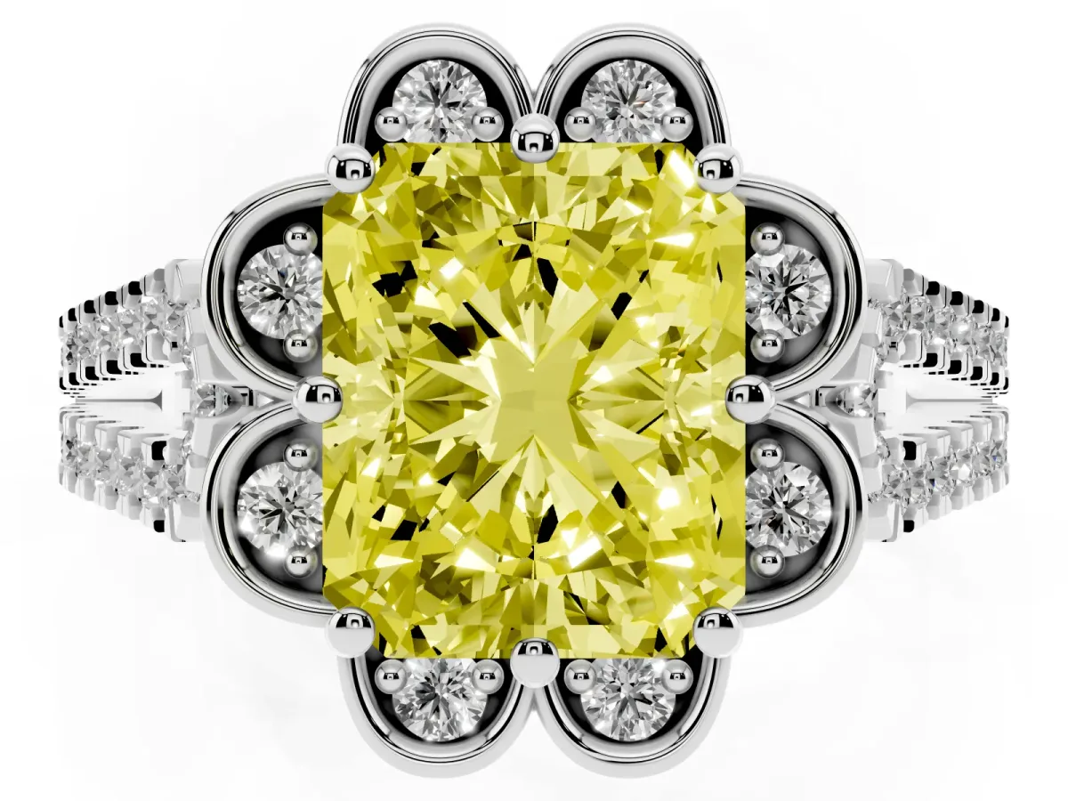 Fancy Yellow Radiant Cut Halo Diamond Floral Split Shank Engagement Ring Silver