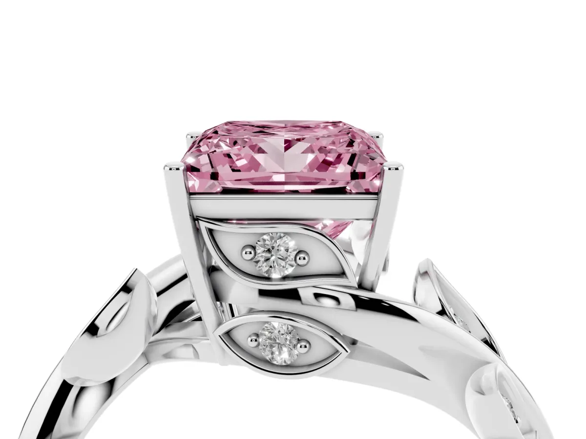 Fancy Pink Princess Cut Solitaire Twist Engagement Ring with Leaf Accents and Prong Setting Silver