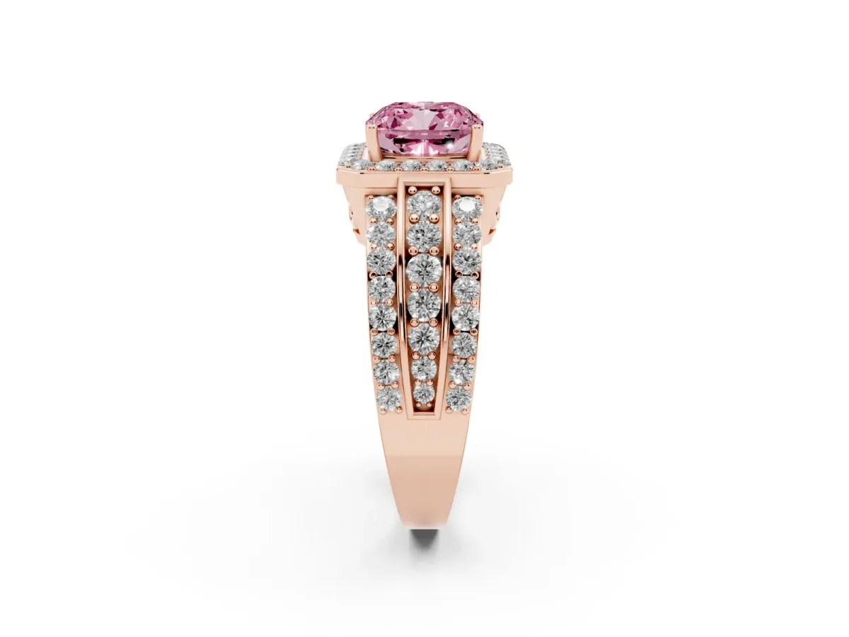 Fancy Pink Cushion Cut Halo Diamond Ring with Round Split Shank and Prong Setting Rose gold