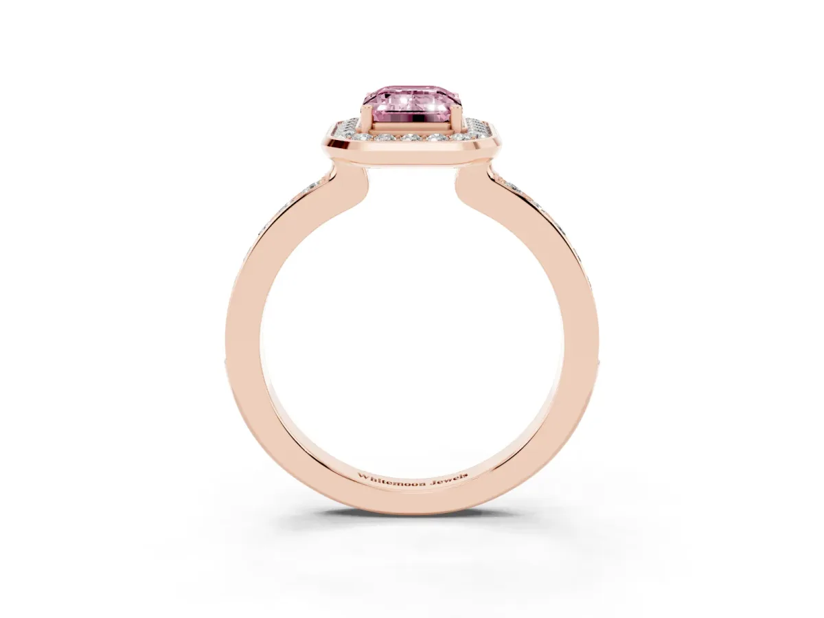 Fancy Pink Emerald Cut Diamond Halo Ring with Bezel Frame and Pavé Band Rose gold