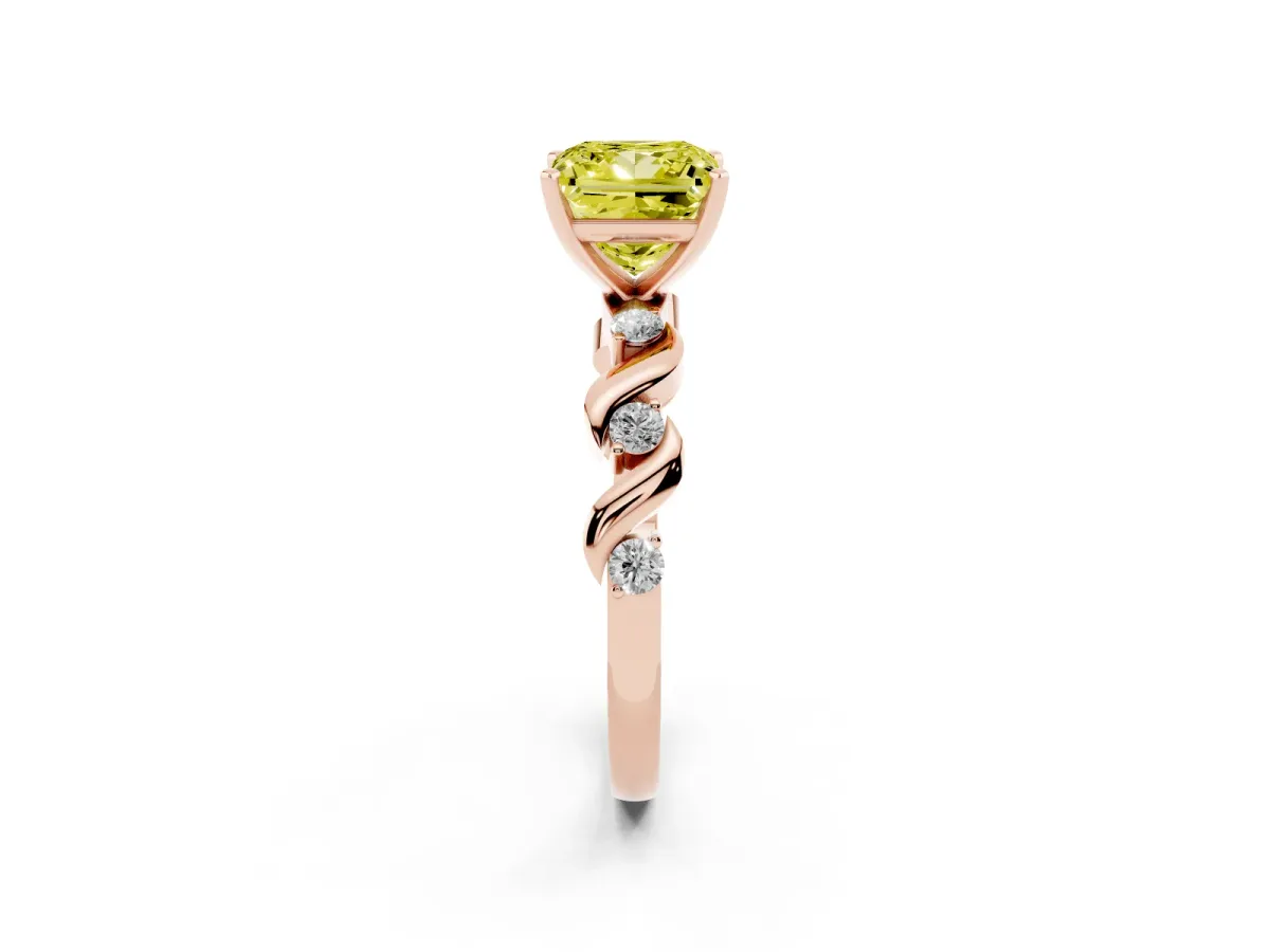 Fancy Yellow Princess Cut Diamond Solitaire Twisted Band with Round Accents and Prong Setting Rose gold