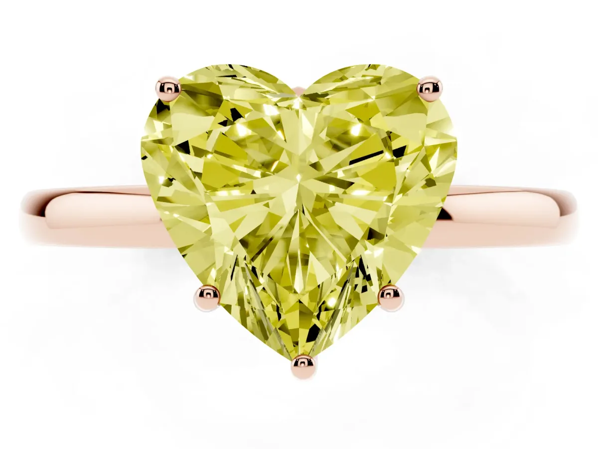 Fancy Yellow Heart Cut Solitaire Diamond Ring with Prong Setting and Plain Band Rose gold