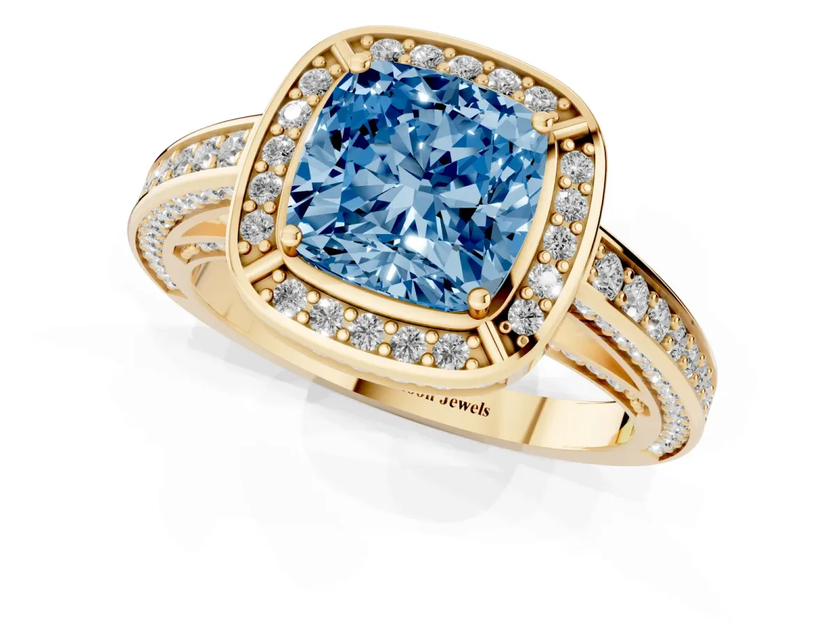 Fancy Blue Cushion Cut Cut Halo Pave Split Shank Prong Setting Ring Yellow gold