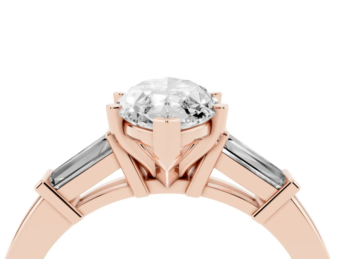 Marquise Cut Cut Diamond Solitaire Ring with Tapered Baguette Accents and Four-Prong Setting Rose gold