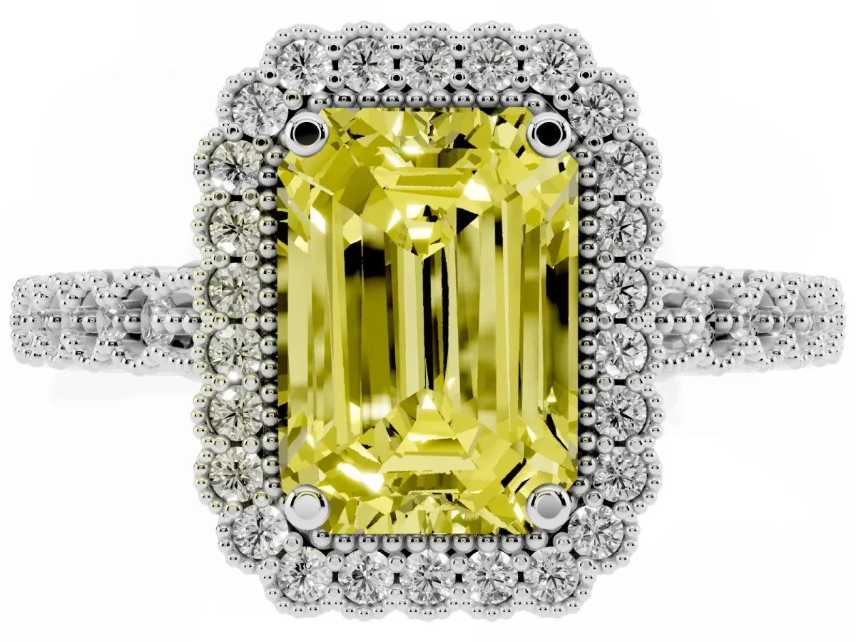 Fancy Yellow Emerald Cut Cut Halo Pavé Solitaire Ring with Milgrain Band Silver