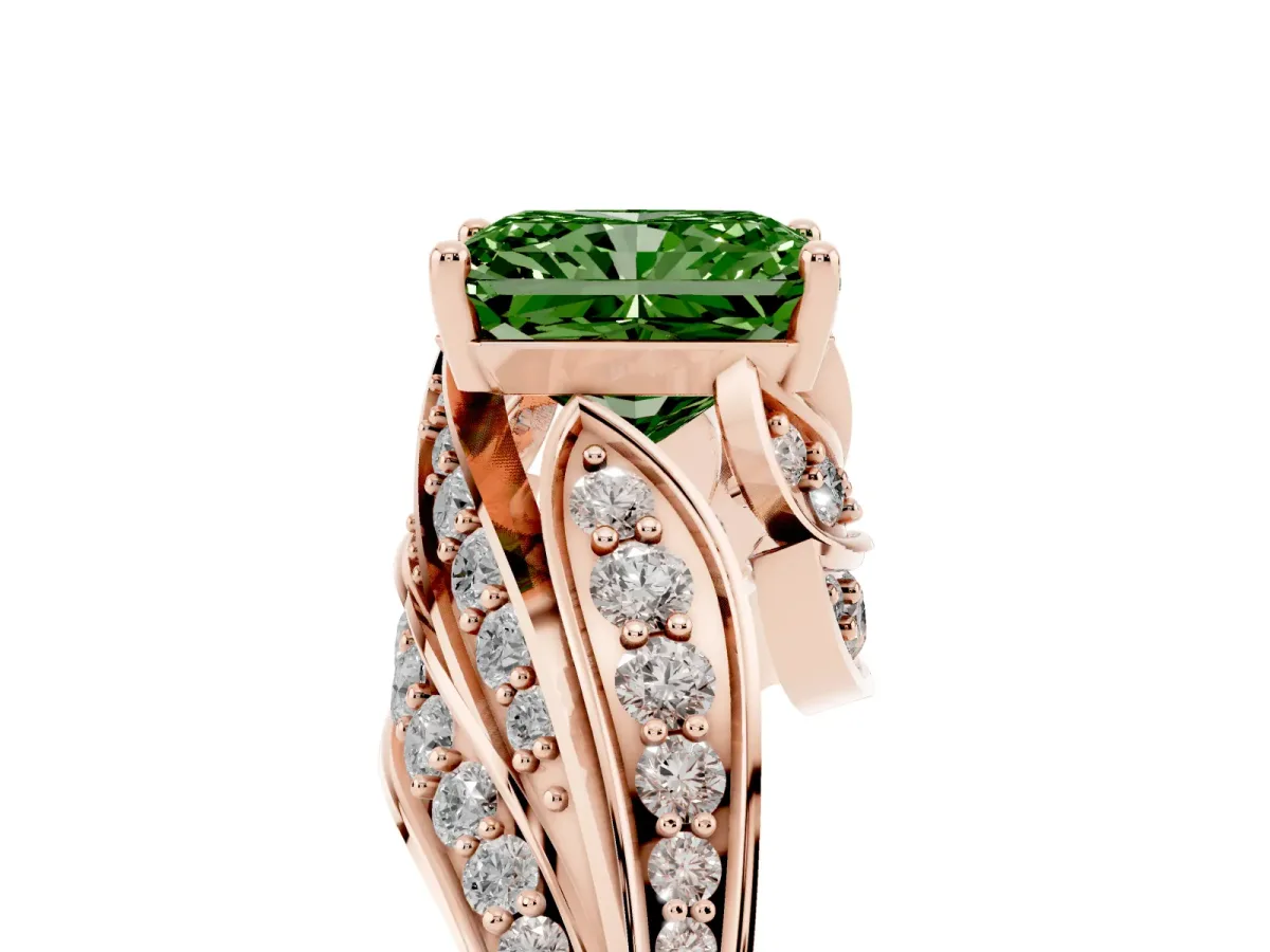 Fancy Green Radiant Cut Diamond Solitaire Ring with Prong Setting and Twisted Pavé Band Rose gold