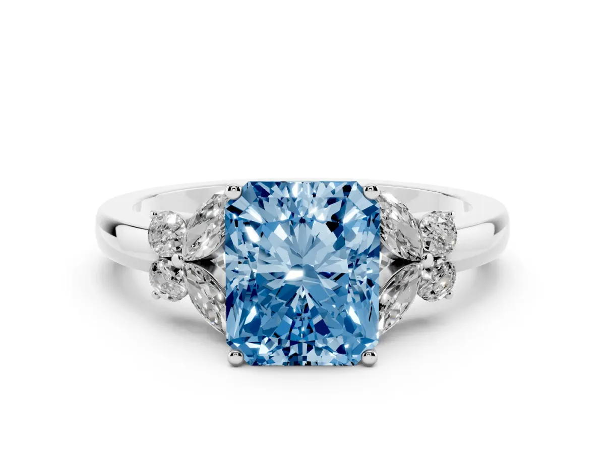 Fancy Blue Radiant Cut Cut Solitaire Floral Diamond Ring with Four-Prong Setting Silver