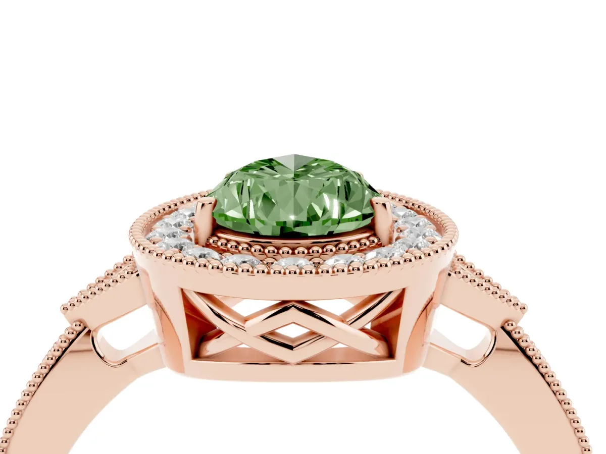 Fancy Green Pear Cut Halo Round Diamond Milgrain Pave Engagement Ring Rose gold