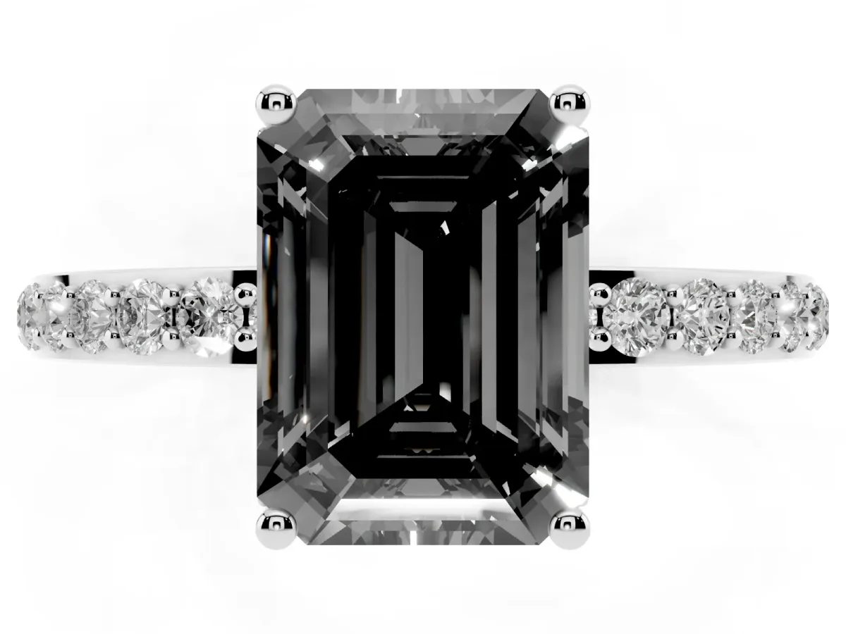 Fancy Black Emerald Cut Diamond Solitaire Ring with Pavé Band and Hidden Halo Silver